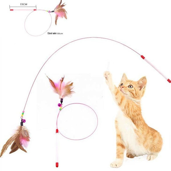 Funny Cat Interactive Toy Stick Feather Wand With Small Bell Mouse Cage Toys Plastic Artificial Colorful Cat Teaser  Pet Supply