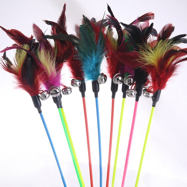 1PCS Hot Sale Cat Toys Make A Cat Stick Feather With Small Bell Natural Like Birds Random Color Black Coloured Pole